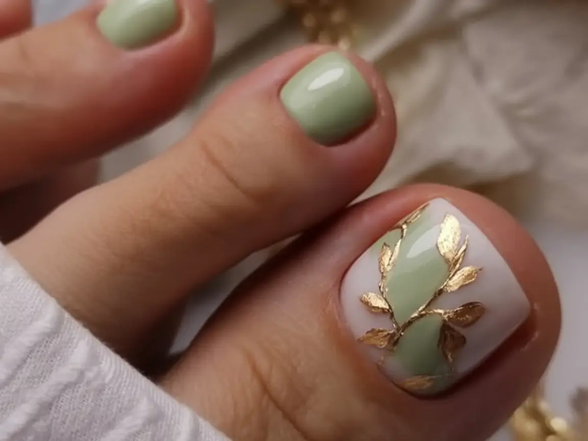 Fall Toe Nail Looks for September 2025 Sage & Gold Leaf Sophistication
