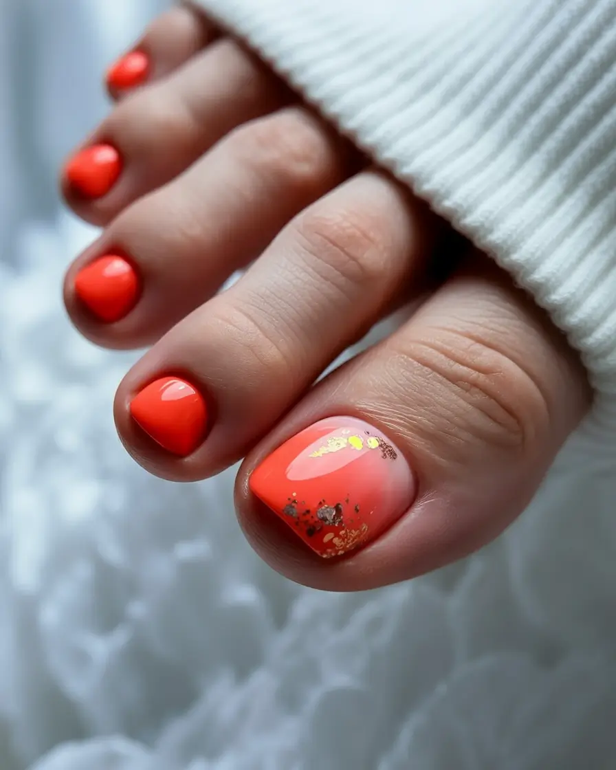 Fall Toe Nail Looks for September 2025 Fiery Ombre with Gold Specks