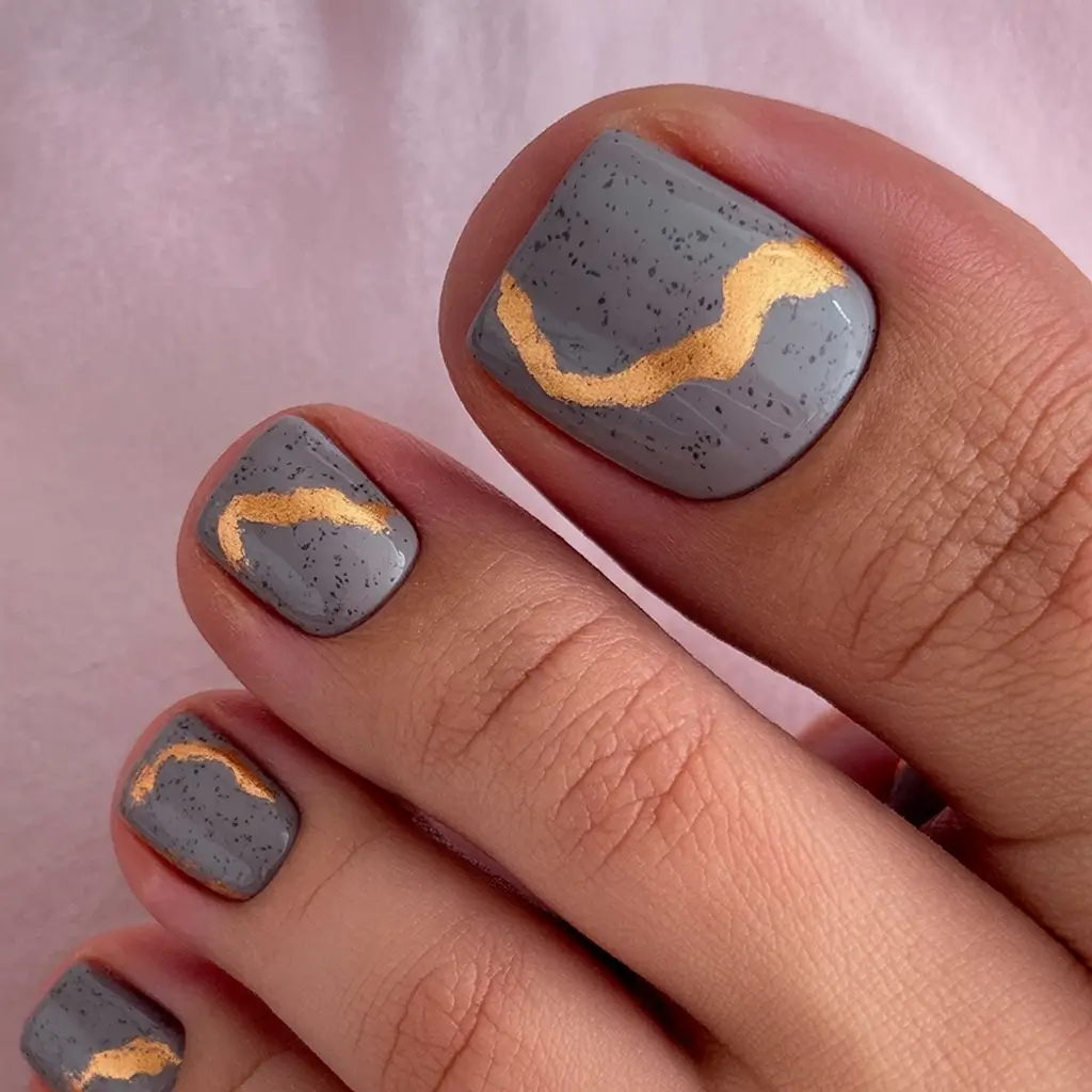 Fall Toe Nail Looks for September 2025 Grey Marble with Golden Veins
