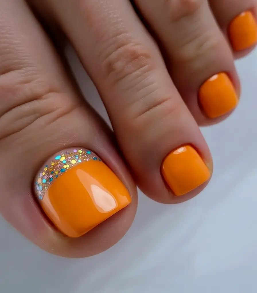 Fall Toe Nail Looks for September 2025 Golden-Trimmed Orange Pop