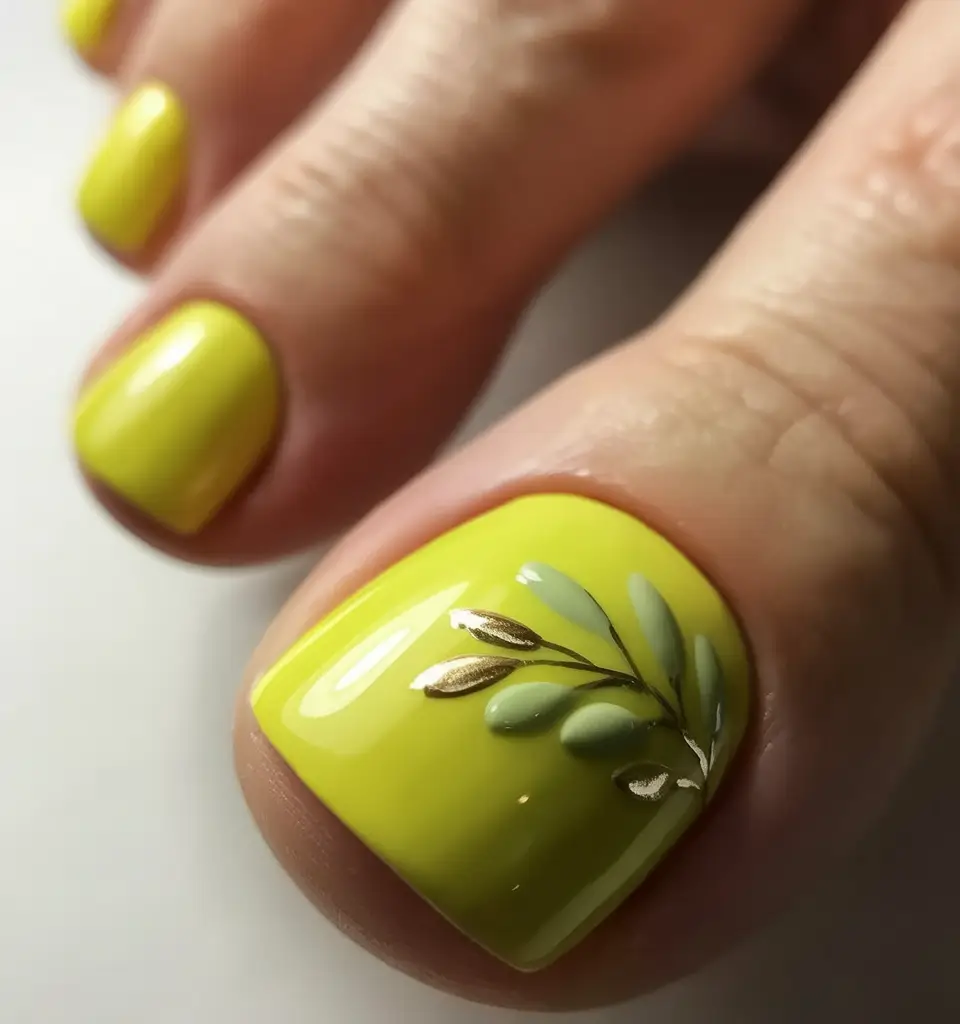 Fall Toe Nail Looks for September 2025 Lime Glow with Leaf Accent