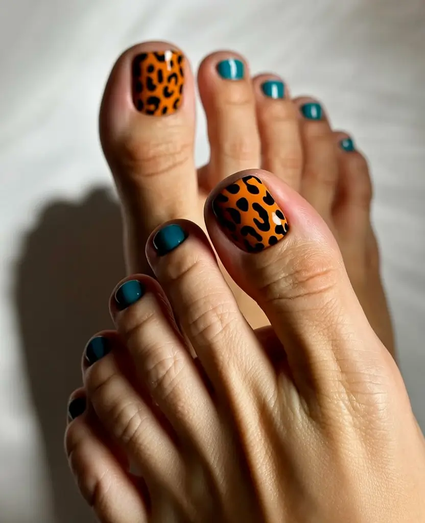 Fall Toe Nail Looks for September 2025 Teal & Leopard Contrast