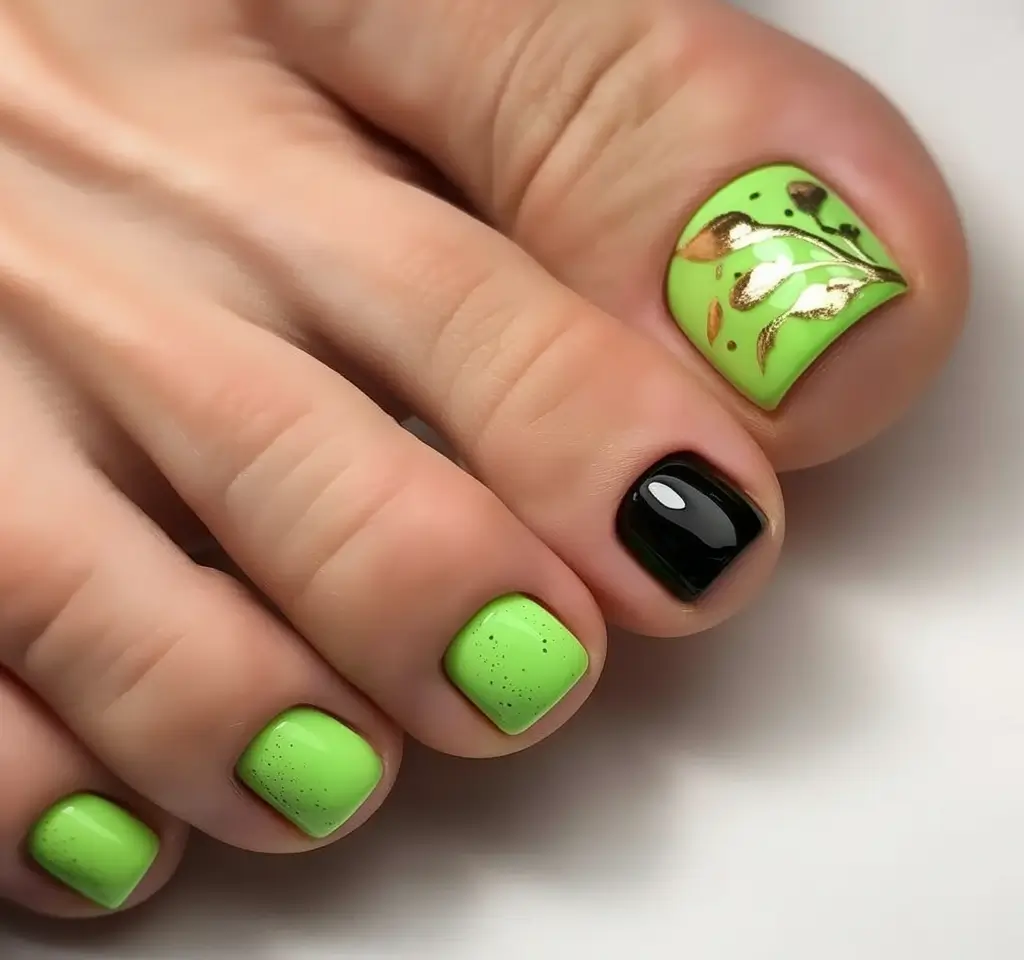 Fall Toe Nail Looks for September 2025 Neon Green with Botanical & Black Accent