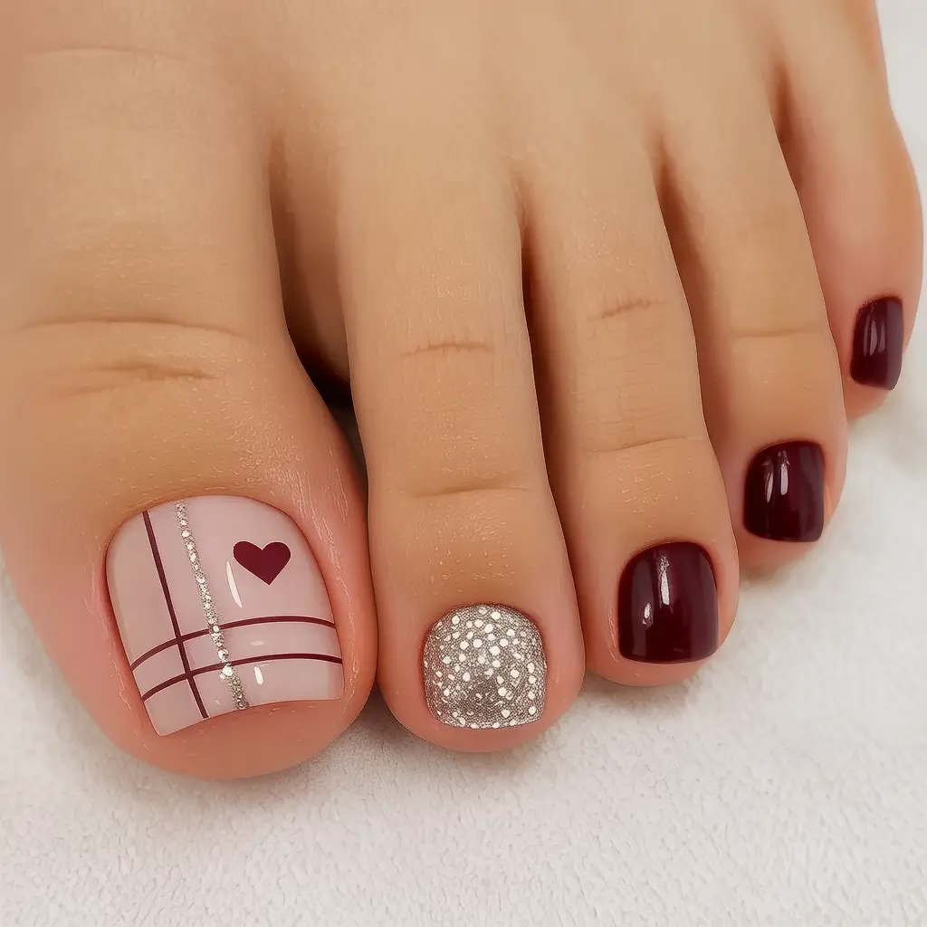Fall Toe Nail Looks for September 2025 Plum romance with silver sparkle