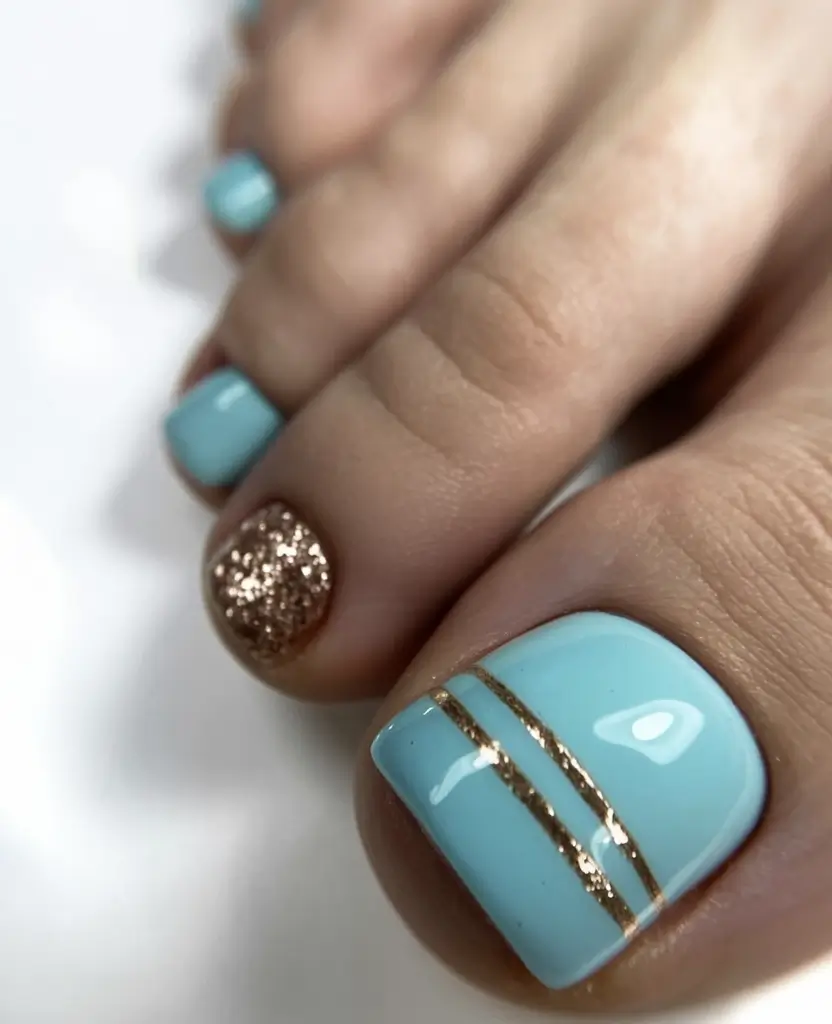 Fall Toe Nail Looks for September 2025 Aqua elegance with golden lines
