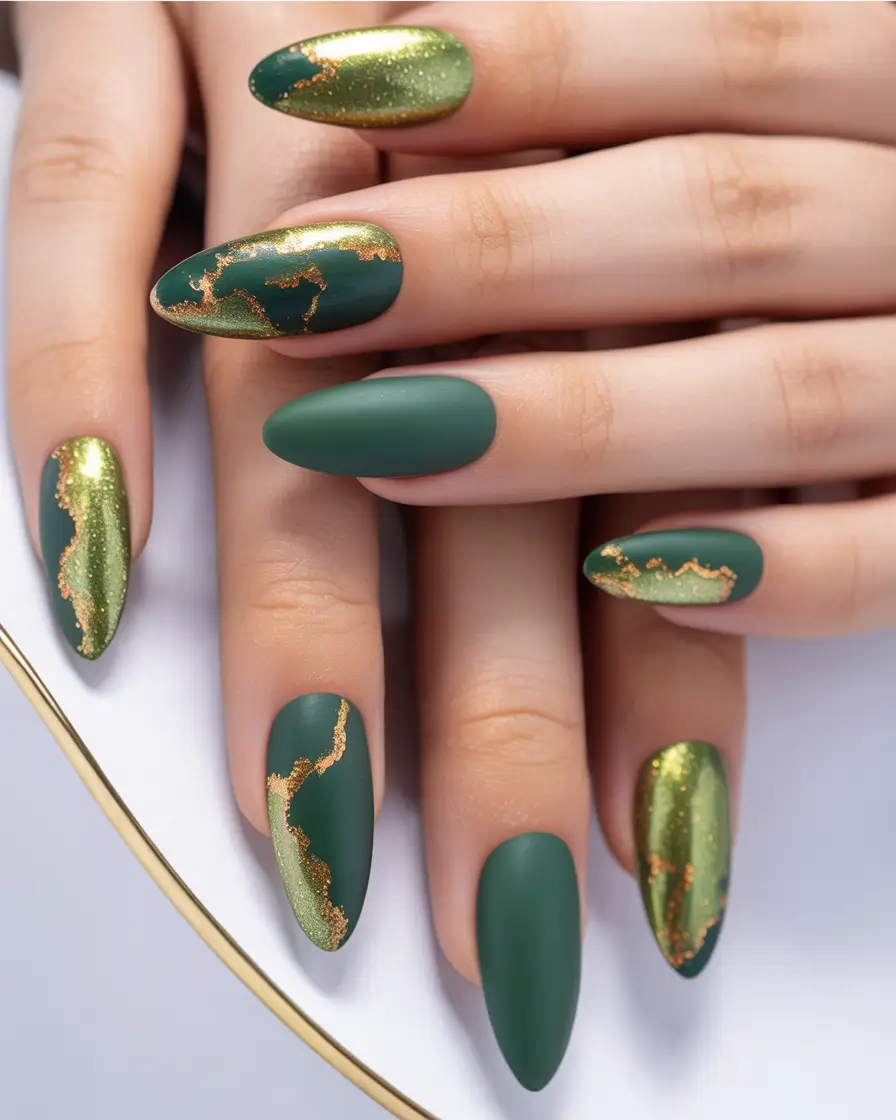 Gold Fall Nails 2025 Ideas Dark Green with Golden Marble Veins