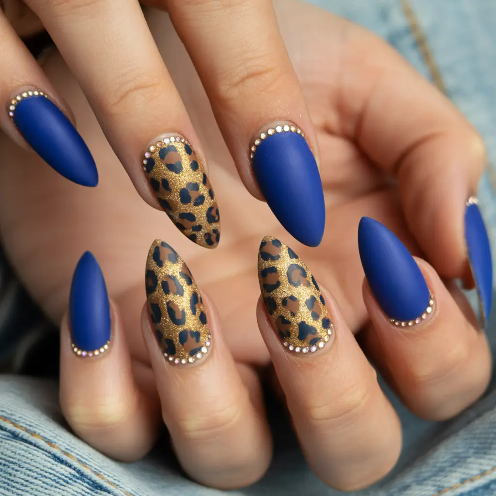 Gold Fall Nails 2025 Ideas Blue and Gold Leopard Accents