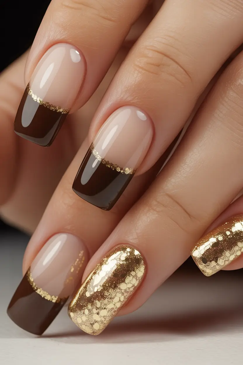 Gold Fall Nails 2025 Ideas Elegant Brown French with Golden Twist
