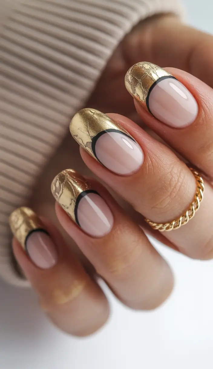Gold Fall Nails 2025 Ideas Gold Foil French with Black Lining