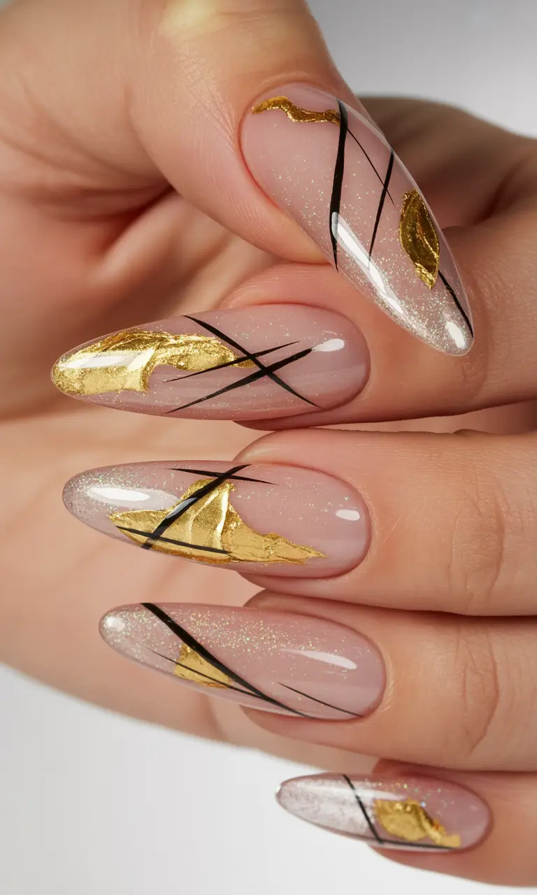 Gold Fall Nails 2025 Ideas Abstract Black and Gold Lines