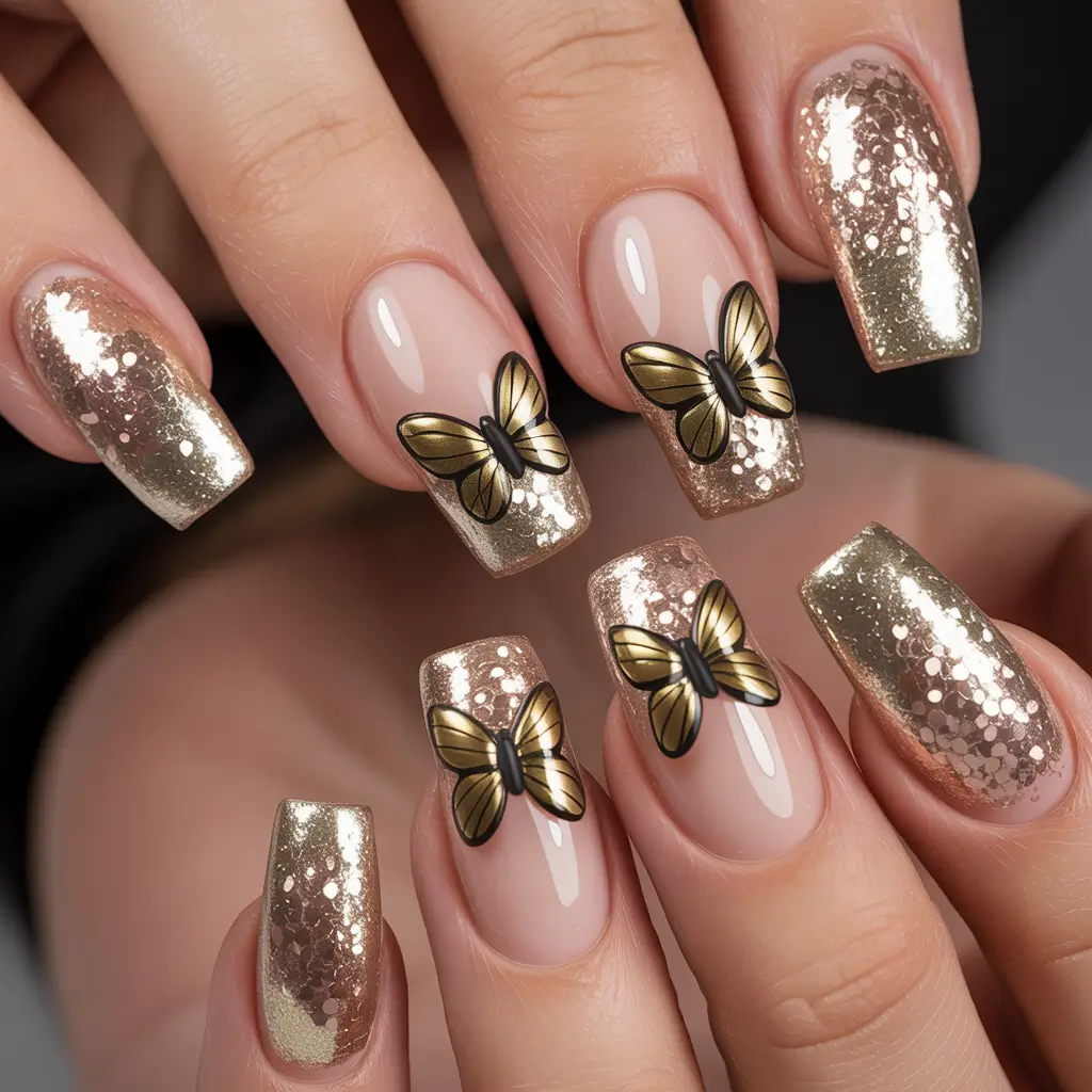 Gold Fall Nails 2025 Ideas Golden Butterfly Accents