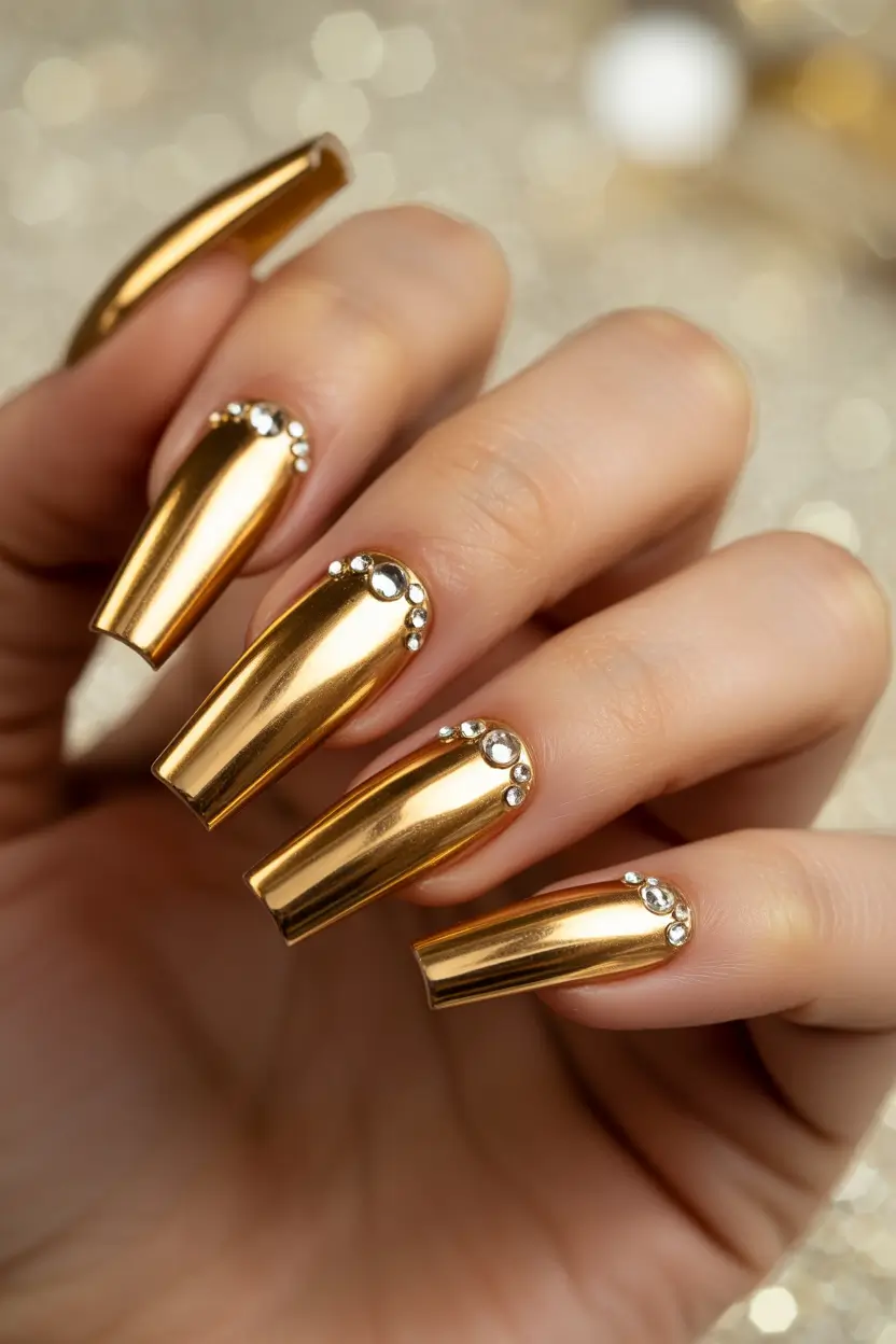 Gold Fall Nails 2025 Ideas Golden Chrome Glam with Crystals
