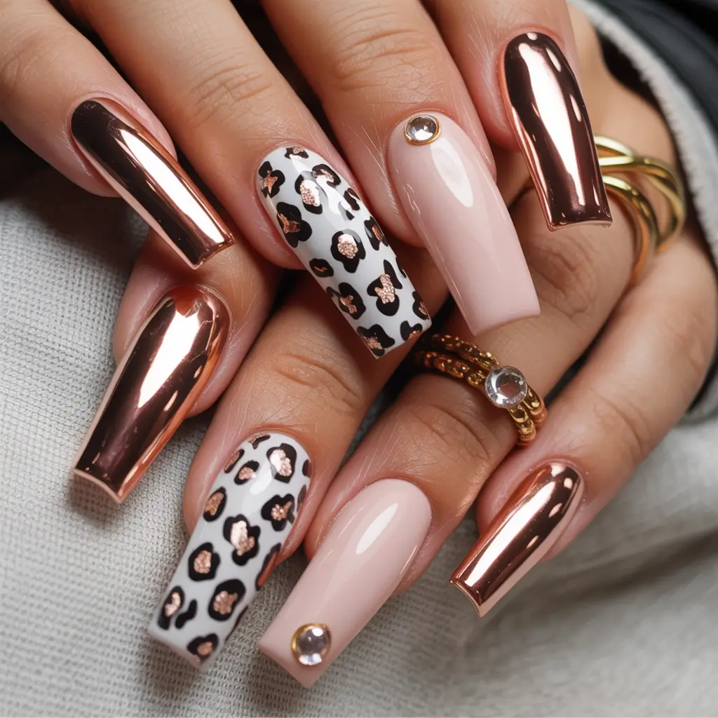 Gold Fall Nails 2025 Ideas Rose-Gold Mix with Leopard Accents.