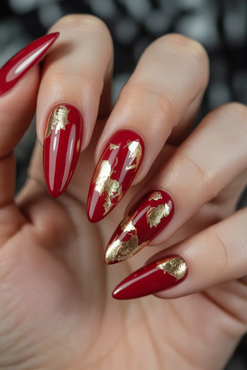Gold Fall Nails 2025 Ideas Deep Red with Gold Foil Drama