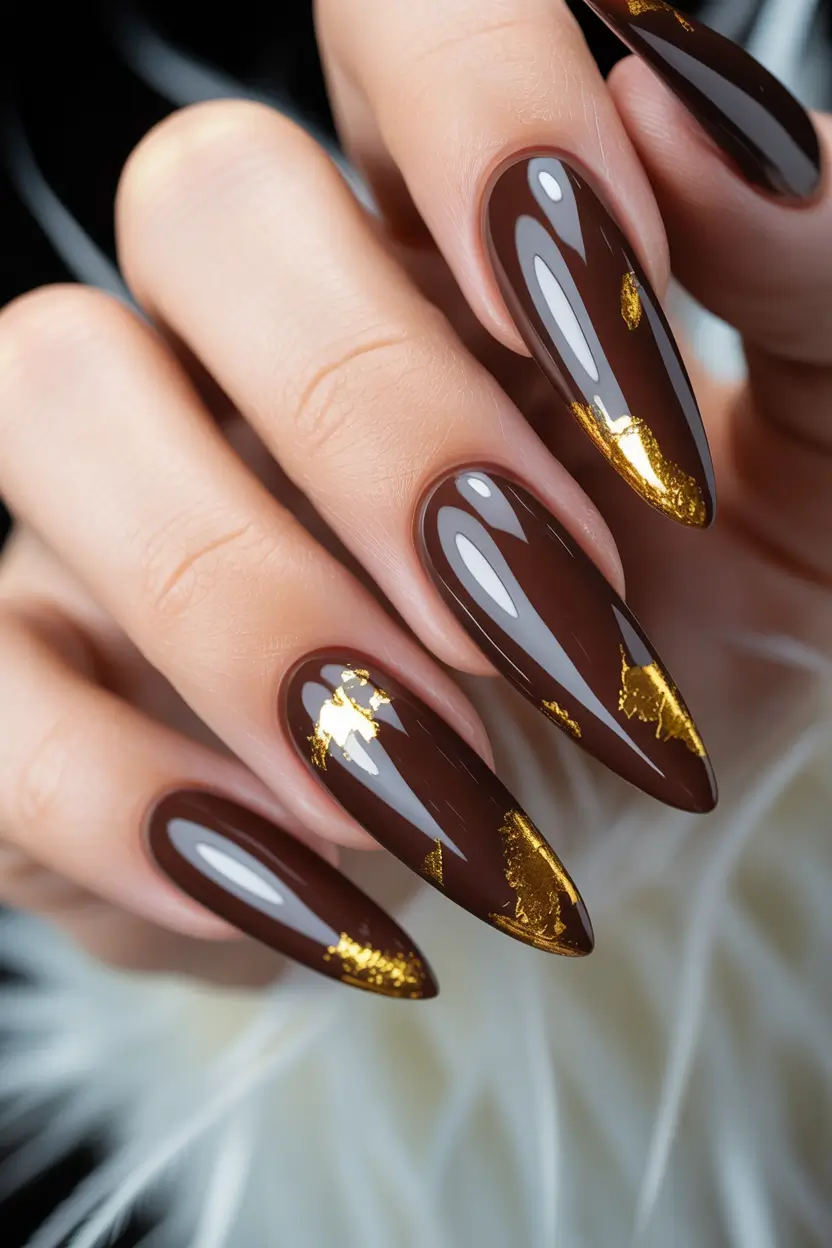 Gold Fall Nails 2025 Ideas Chocolate Brown Elegance with Gold Leaf