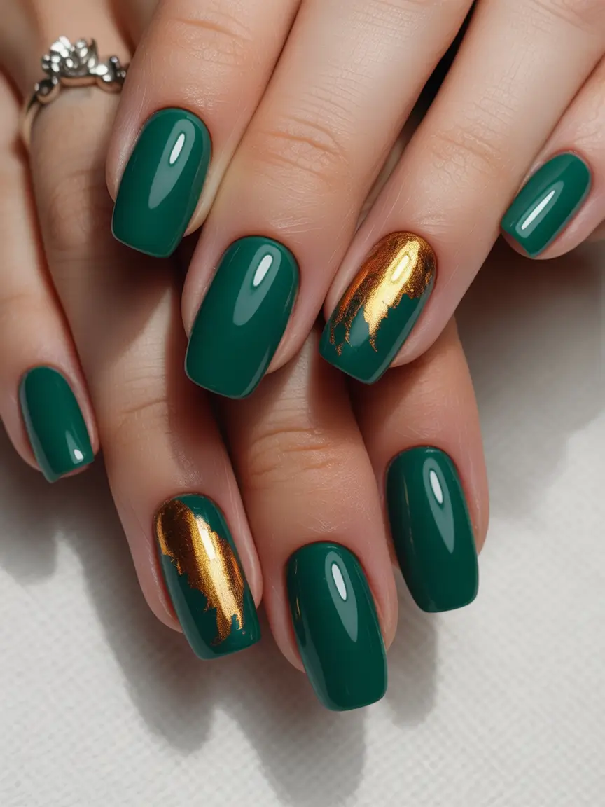Gold Fall Nails 2025 Ideas Dark Green Luxe with Golden Accent