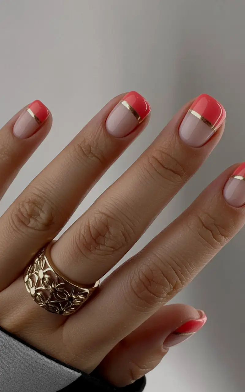 Gold Fall Nails 2025 Ideas Minimal Coral French with Gold Stripes