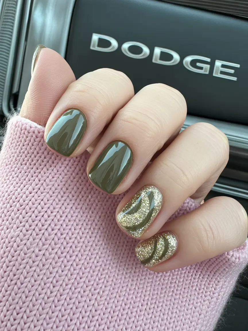 Gold Fall Nails 2025 Ideas Olive Green with Golden Waves