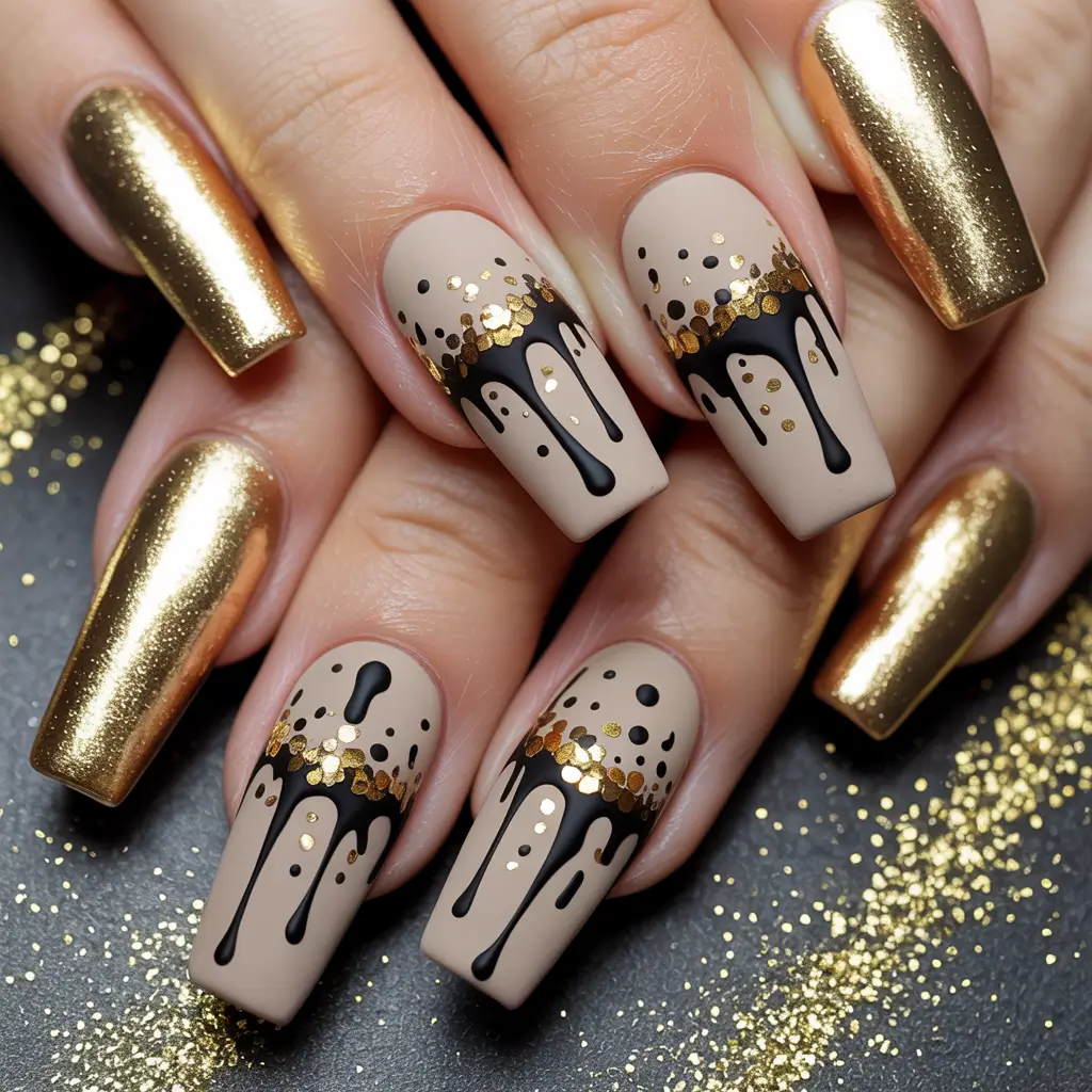 Gold Fall Nails 2025 Ideas Matte Nude with Black Drips and Gold