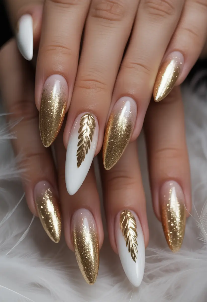Gold Fall Nails 2025 Ideas Golden Leaf Accent on Almond Nails