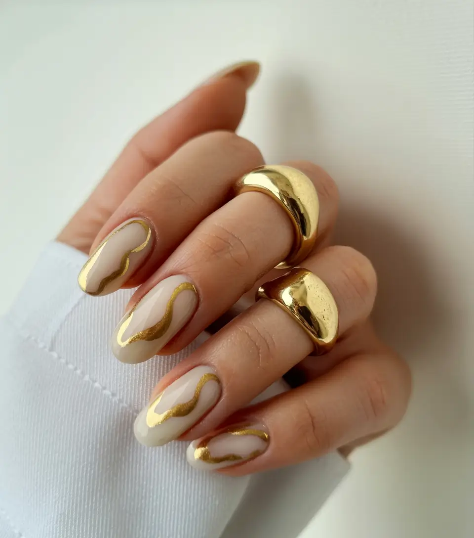Gold Fall Nails 2025 Ideas Golden Waves on Nude Canvas