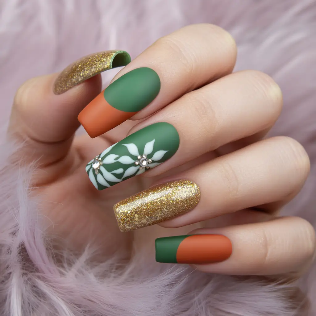 Gold Fall Nails 2025 Ideas Autumn Mix of Green, Orange and Gold