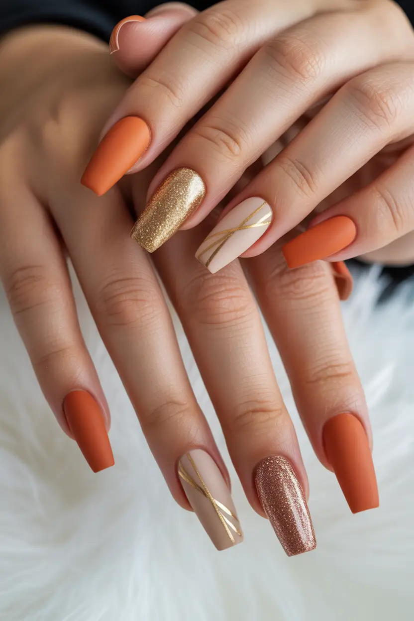 Burnt Orange with Gold Accents: Gold Fall Nails 2025 Ideas