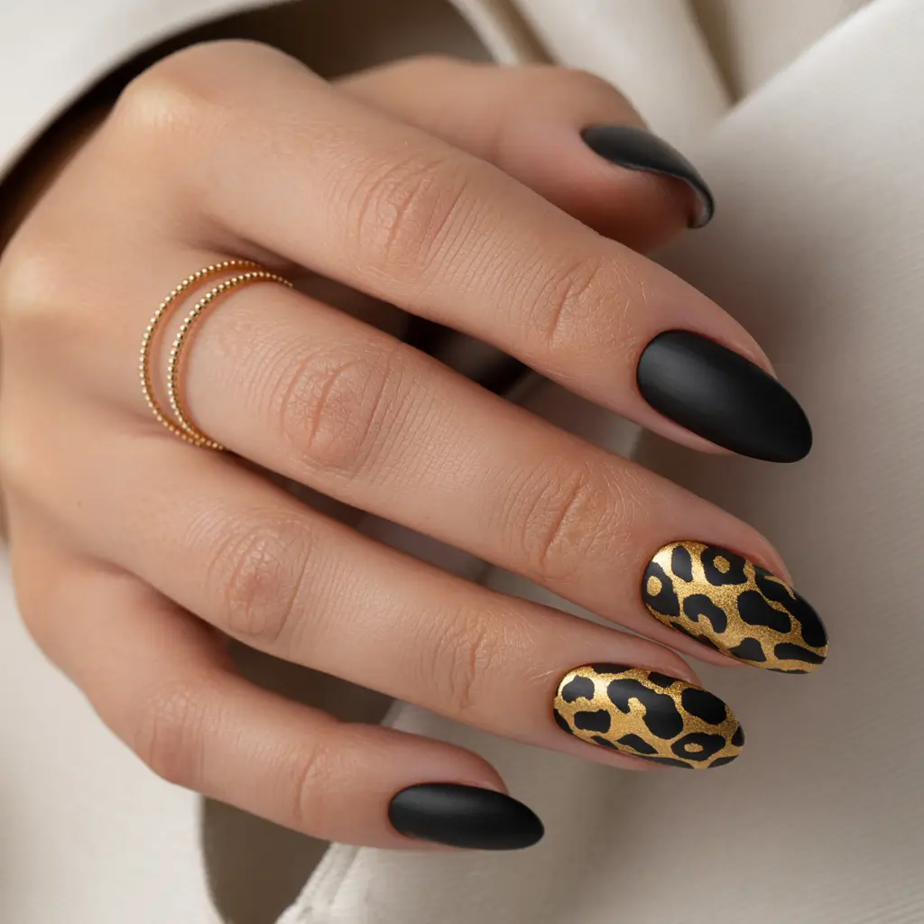 Gold Fall Nails 2025 Ideas Black and Gold Leopard Print