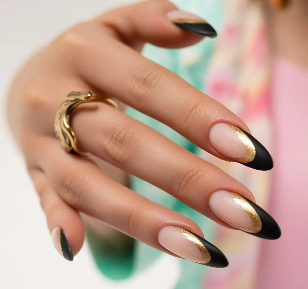 Classic Black and Gold French Twist Gold Fall Nails 2025 Ideas