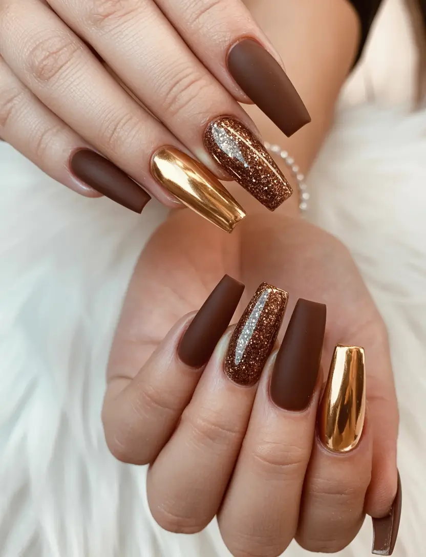 Gold Fall Nails 2025 Ideas Chocolate Brown and Gold Glam