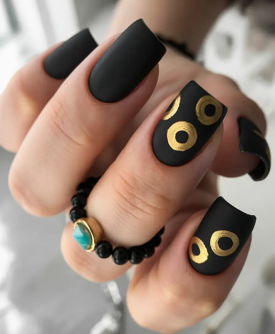 Gold Fall Nails 2025 Ideas Graphic Black and Gold Circles