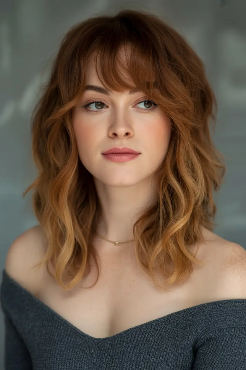 Hair Color Trends for September 2025 Caramel-Toned Wavy Lob with Fringe