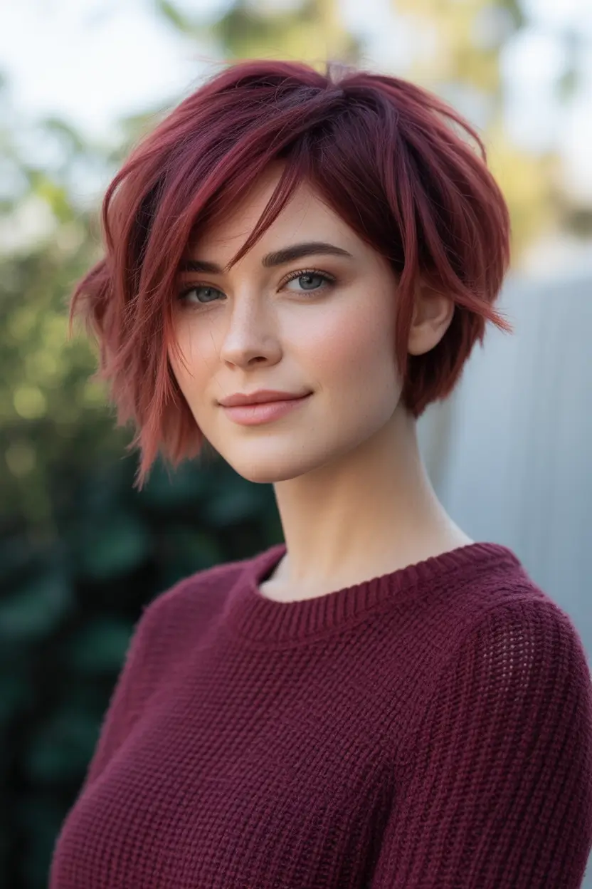 Hair Color Trends for September 2025 Burgundy Pixie-Bob with Texture