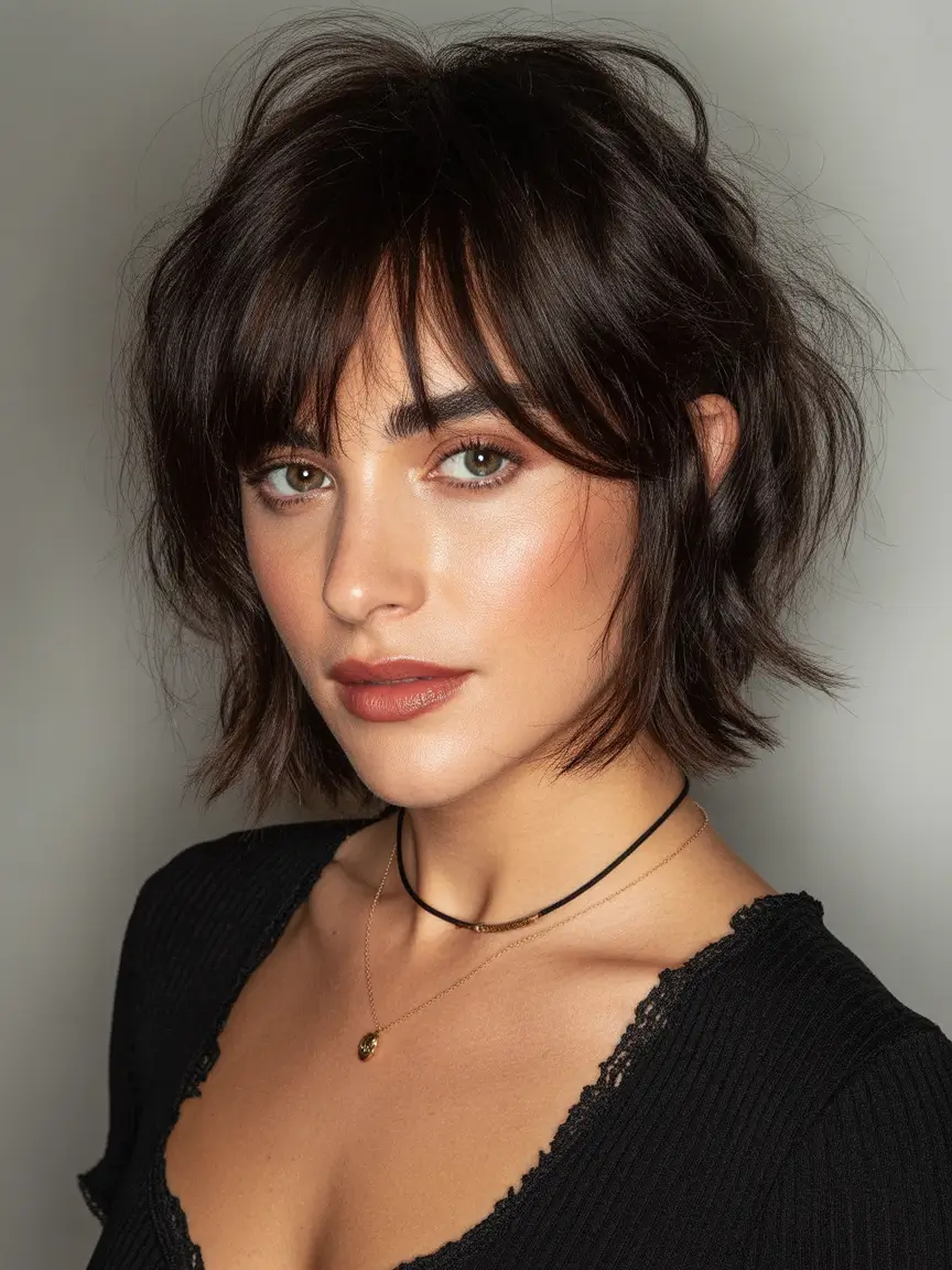 Hair Color Trends for September 2025 Rich Brunette Bob with Wispy Bangs
