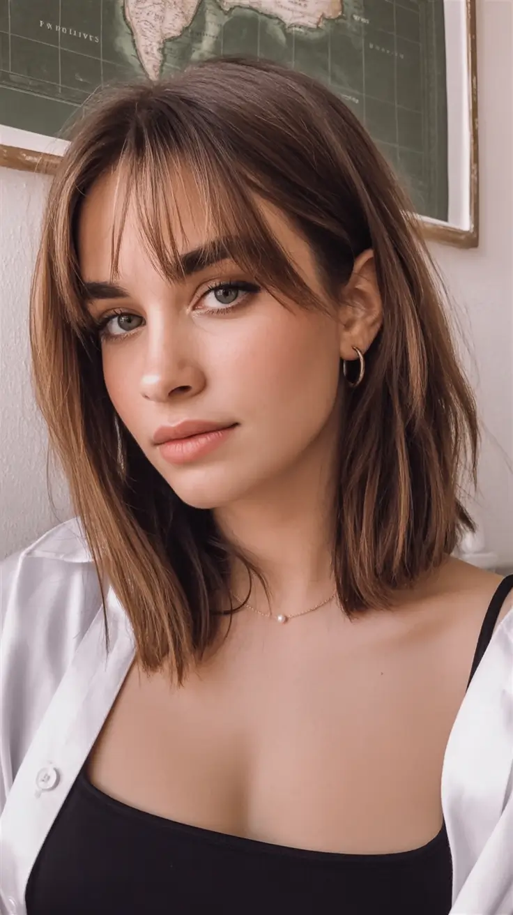 Hair Color Trends for September 2025 Soft Chestnut Lob with Curtain Bangs