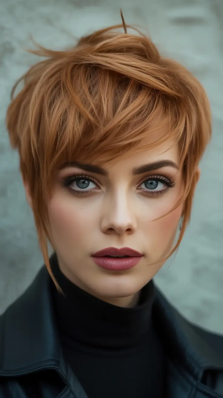 Hair Color Trends for September 2025 Soft Auburn Pixie with Long Bangs