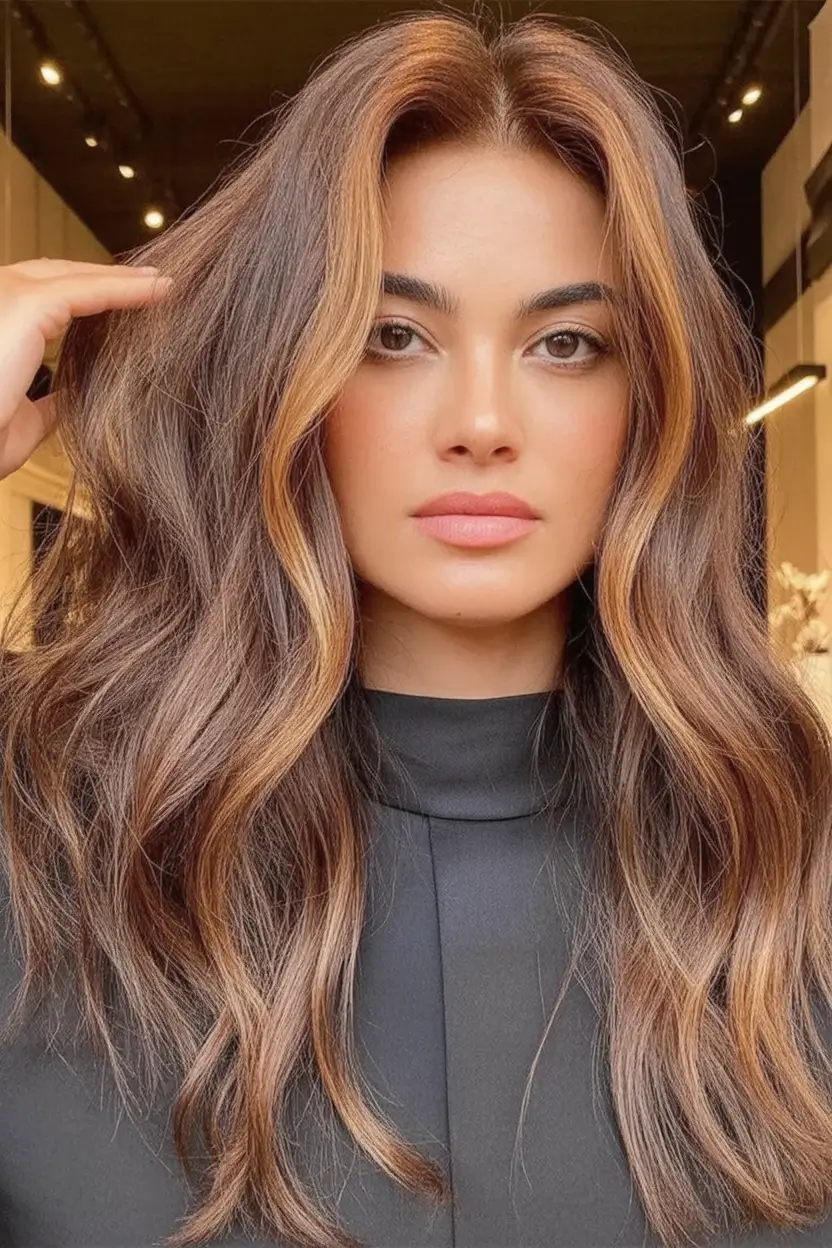 Hair Color Trends for September 2025 Brunette with Caramel Money Pieces