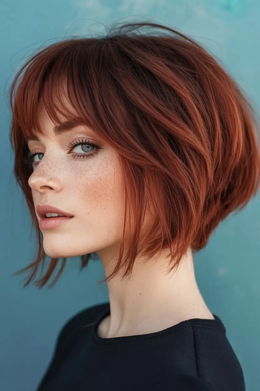 Hair Color Trends for September 2025 Short Copper Bob with Bangs