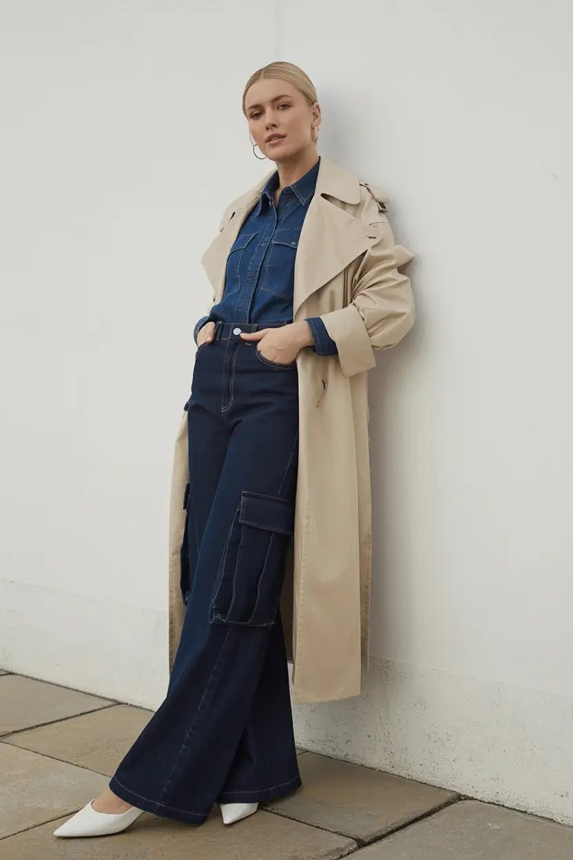 How to Style Jeans This Fall – 2025 outfits Ideas Modern Cargo Denim with a Trench