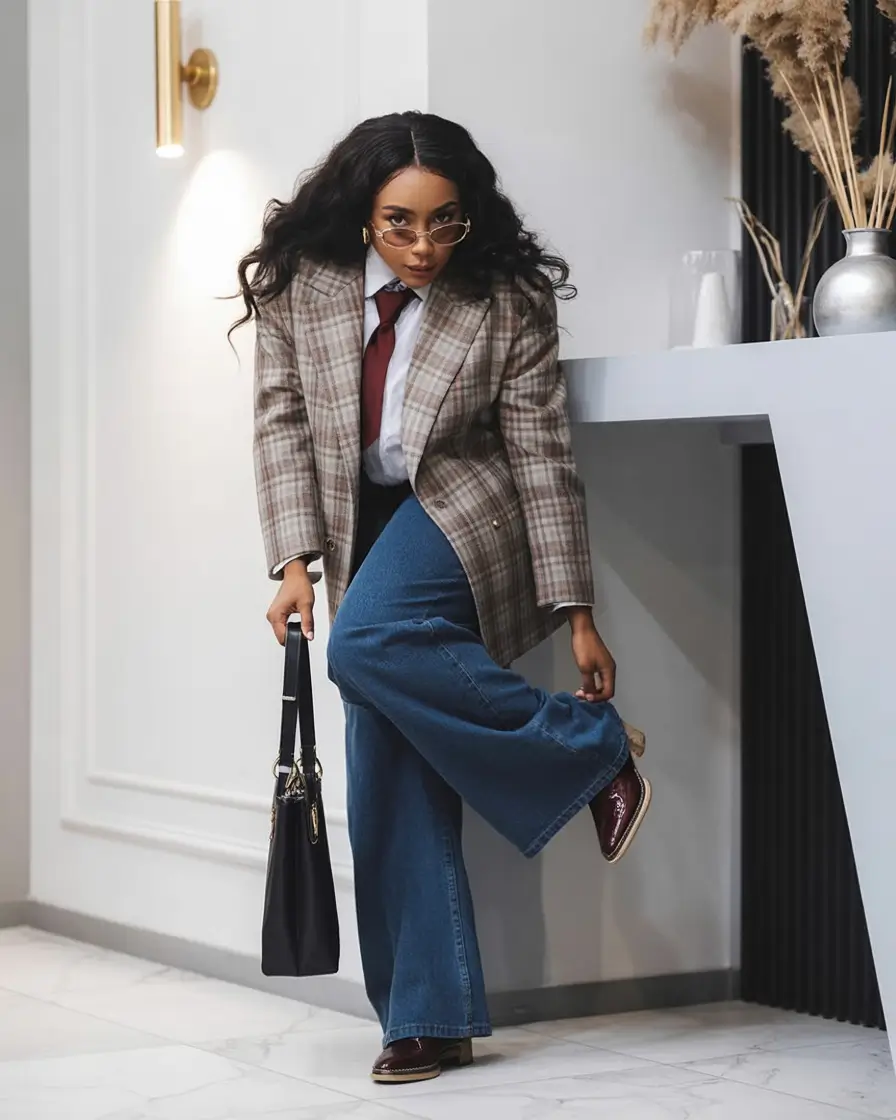 How to Style Jeans This Fall – 2025 outfits Ideas Sharp Plaid and Tie Statement