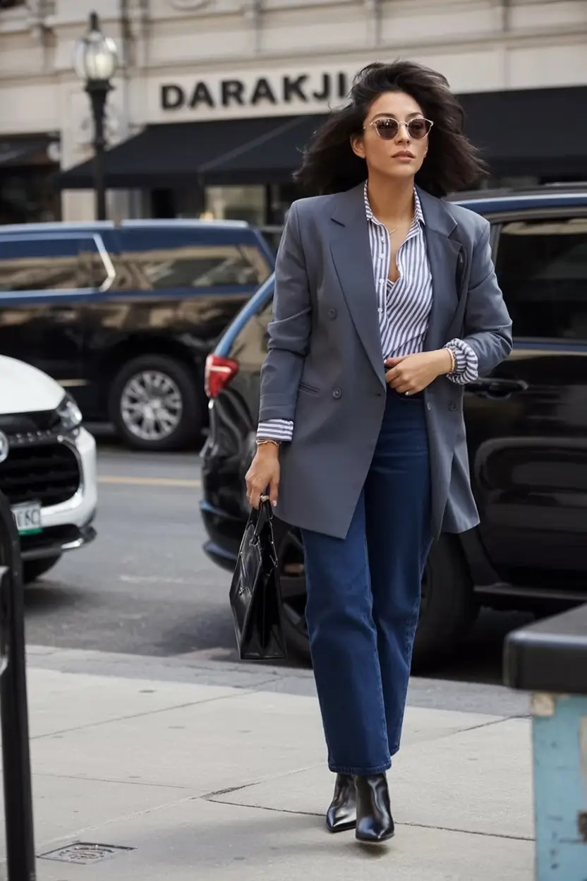 How to Style Jeans This Fall – 2025 outfits Ideas City-Ready Pinstripe and Denim Mix