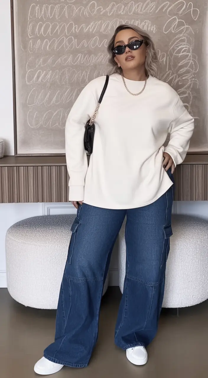 How to Style Jeans This Fall – 2025 outfits Ideas Relaxed Cream Sweater and Cargo Denim