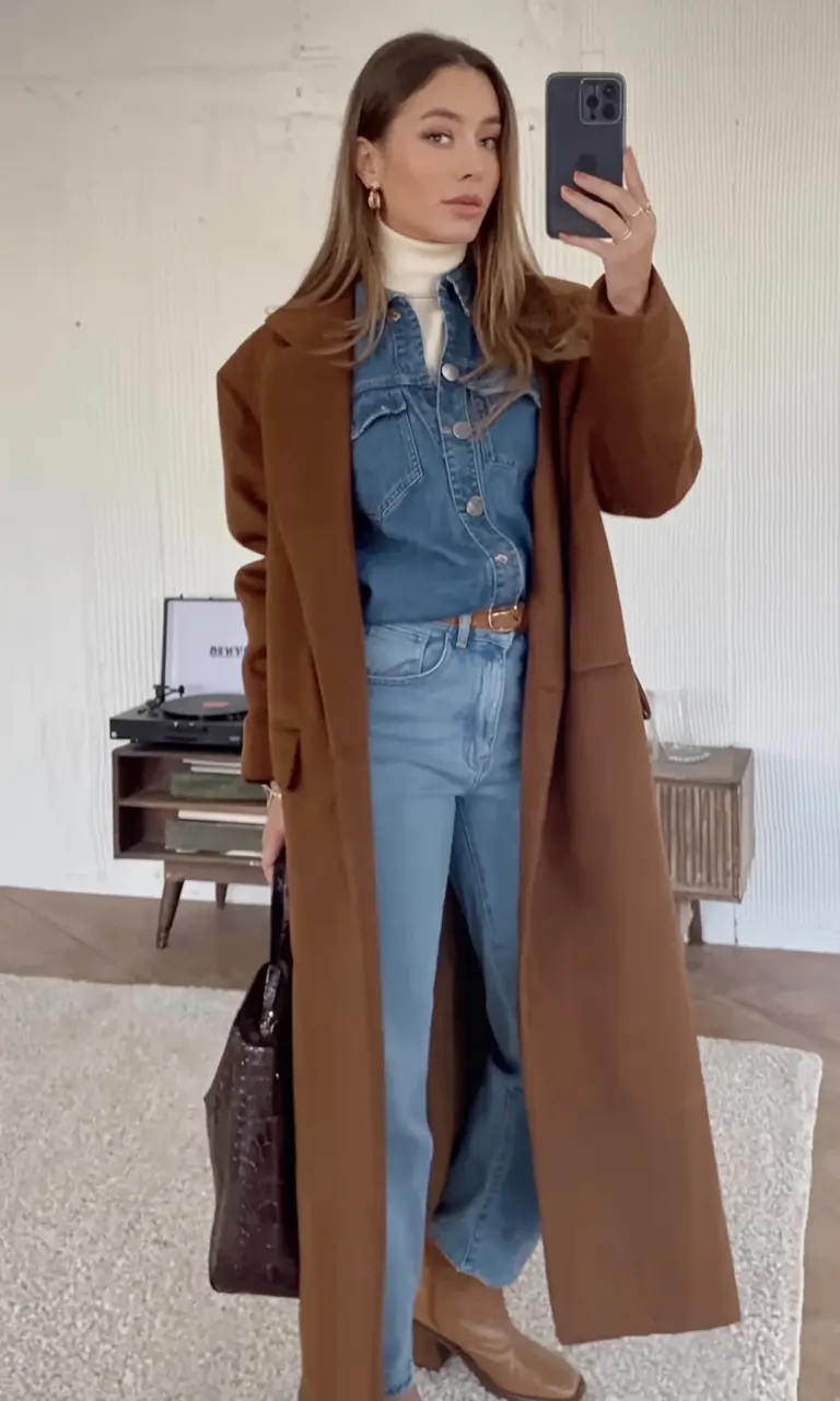 How to Style Jeans This Fall – 2025 outfits Ideas Layered Denim with Long Chestnut Coat