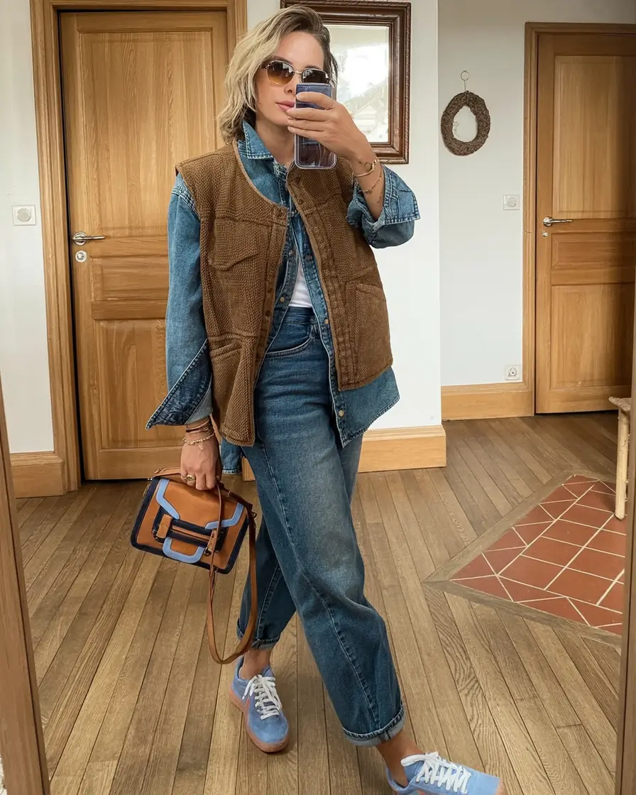 How to Style Jeans This Fall – 2025 outfits Ideas Retro Denim with Textured Vest