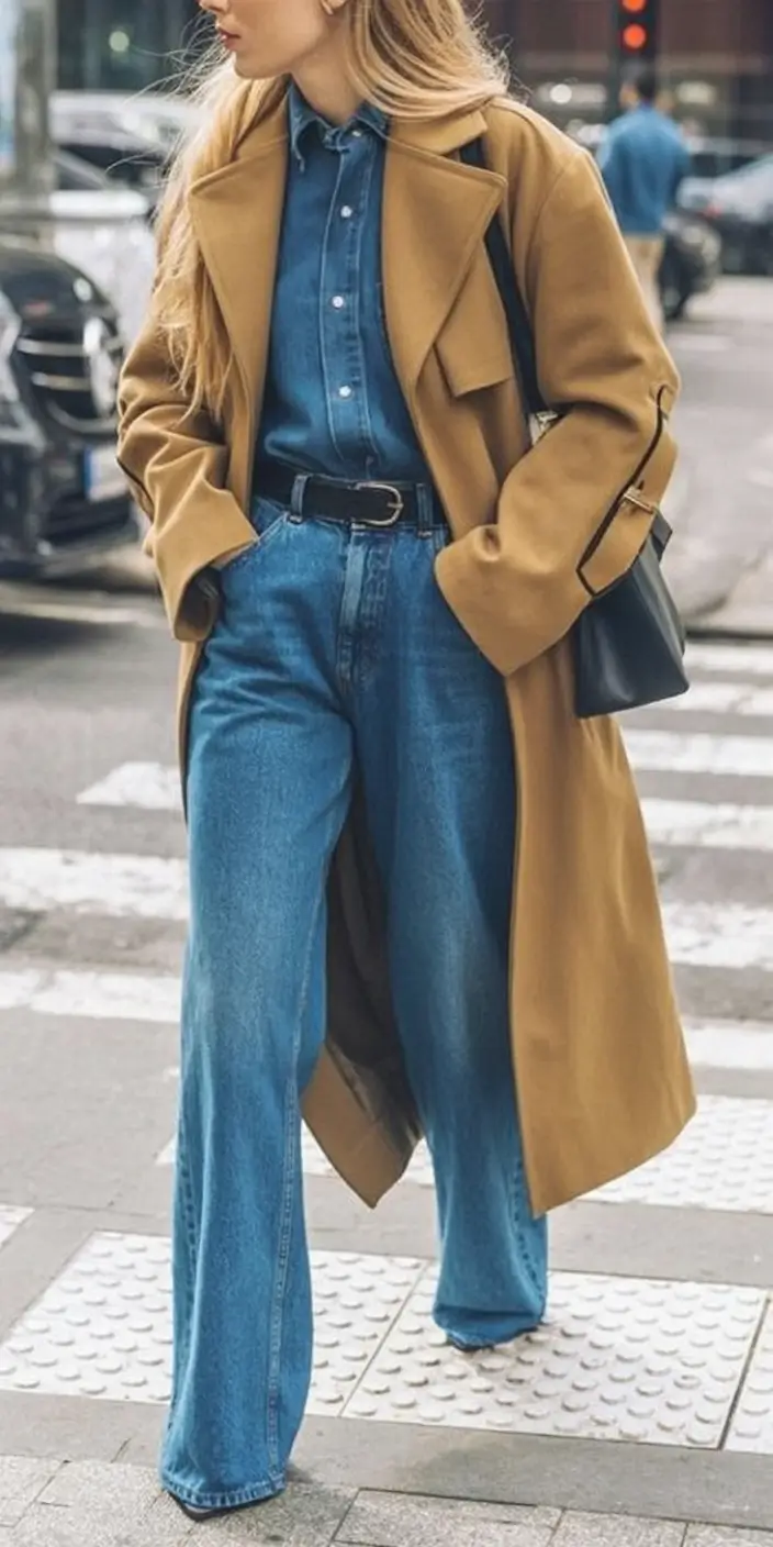 How to Style Jeans This Fall – 2025 outfits Ideas Monochrome Denim with Camel Coat