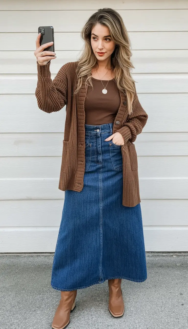 How to Style Jeans This Fall – 2025 outfits Ideas Soft Brown Layers with Denim Skirt
