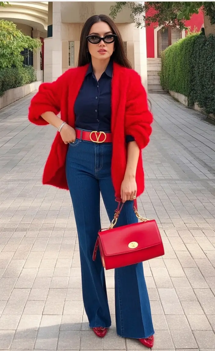 How to Style Jeans This Fall – 2025 outfits Ideas Power Red with Dark Denim