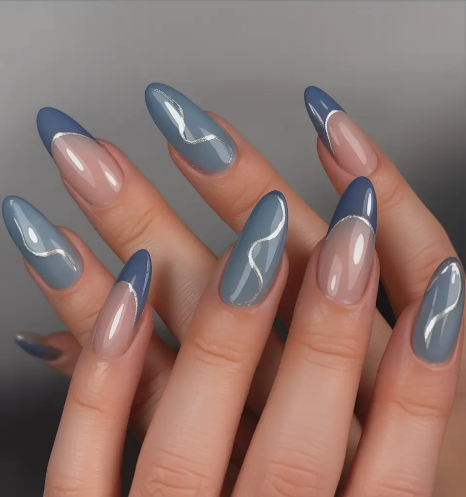 long fall nails trends 2025 Muted Blue French Twist