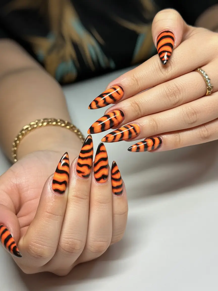 long fall nails trends 2025 Tiger Stripe Energy