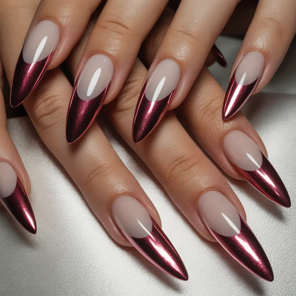 long fall nails trends 2025 Metallic Burgundy French Stiletto